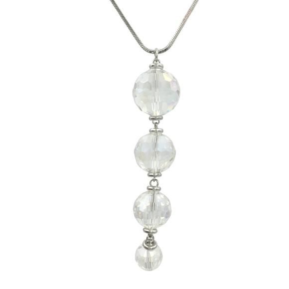 Long Clear Glass Bead Dangle Silver Necklace - Picture 1 of 3